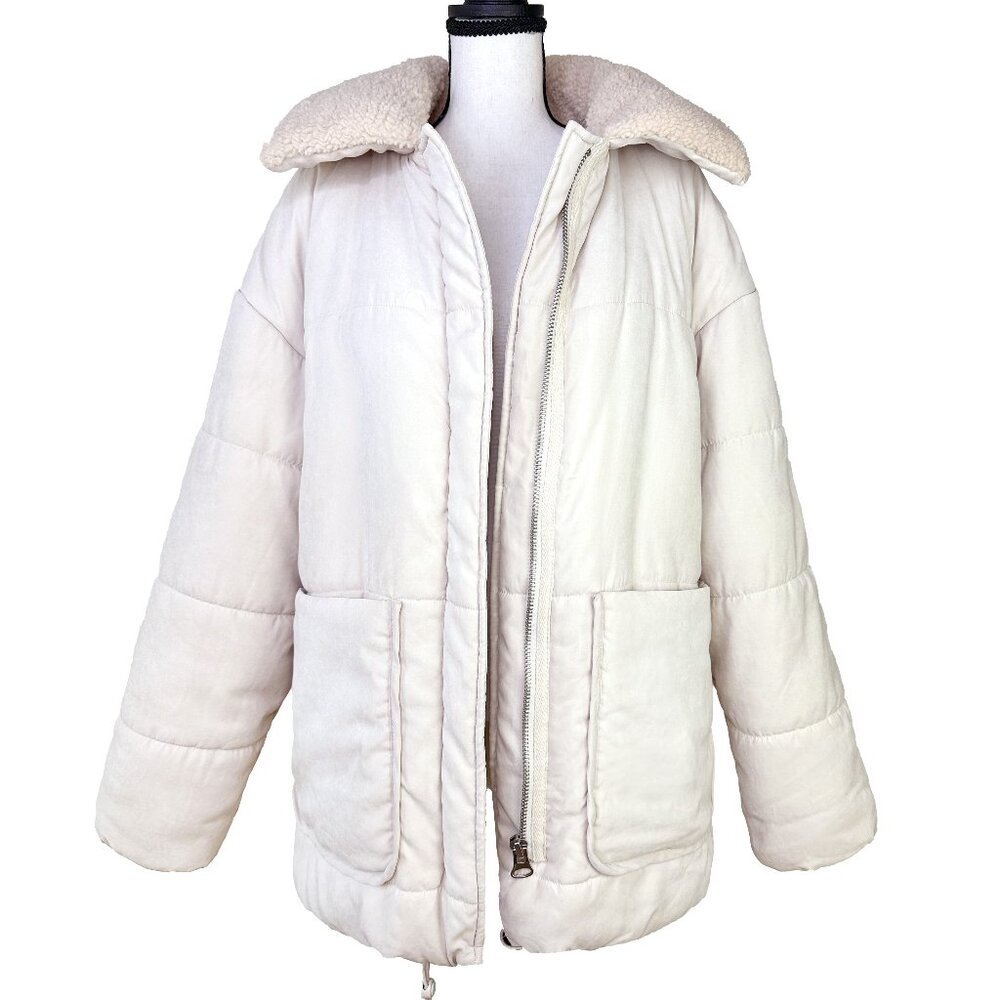 Beige Padded Puffer Coat with Teddy Collar